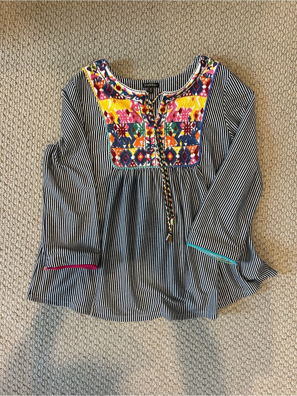 Hannah Multicolor Embroidered Striped Yoke Top